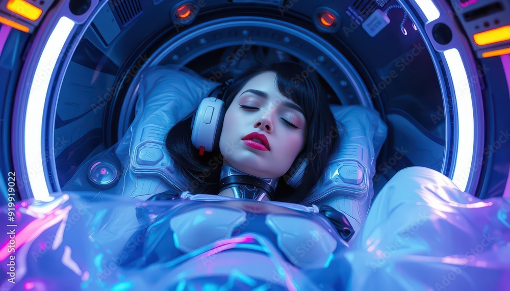 Woman Sleeping in Futuristic Pod. Woman Sleeping in Futuristic Pod.