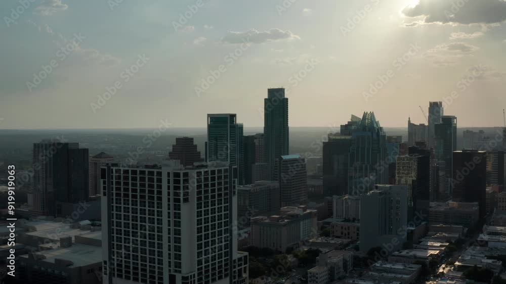 Aerial Sunset Views, Drifting into the Downtown Austin, Texas Skyline Aerial Sunset Views, Drifting into the Downtown Austin, Texas Skyline