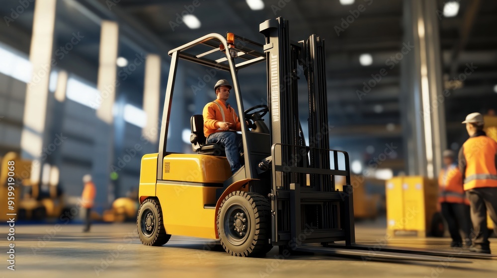 Generate a photo realistic image of workers undergoing training on safe forklift operation, with forklift safety procedures, operation demonstrations, and safety trainers visible Generate a photo realistic image of workers undergoing training on safe forklift operation, with forklift safety procedures, operation demonstrations, and safety trainers visible