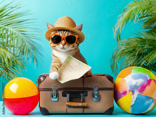 Cat ready for a beach trip,...