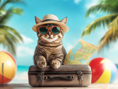 Cat ready for a beach trip,...