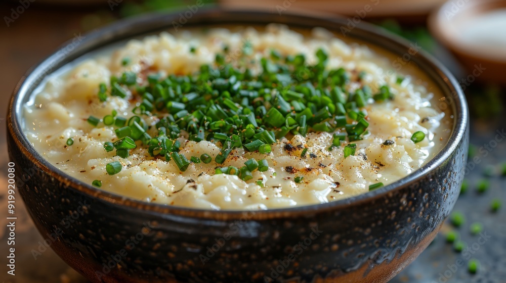 Get close-up shots of a bowl of creamy risotto, featuring tender grains of rice, flavorful broth, and grated Parmesan cheese. Get close-up shots of a bowl of creamy risotto, featuring tender grains of rice, flavorful broth, and grated Parmesan cheese.