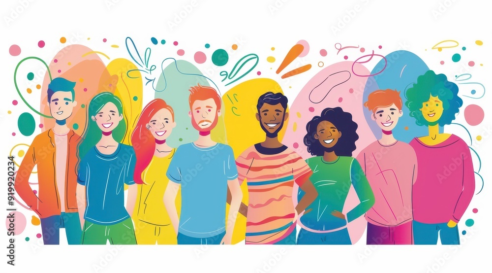 A colorful illustration of people standing next to each other, smiling and looking at the camera The background is white with simple lines in different shades Generative AI A colorful illustration of people standing next to each other, smiling and looking at the camera The background is white with simple lines in different shades Generative AI