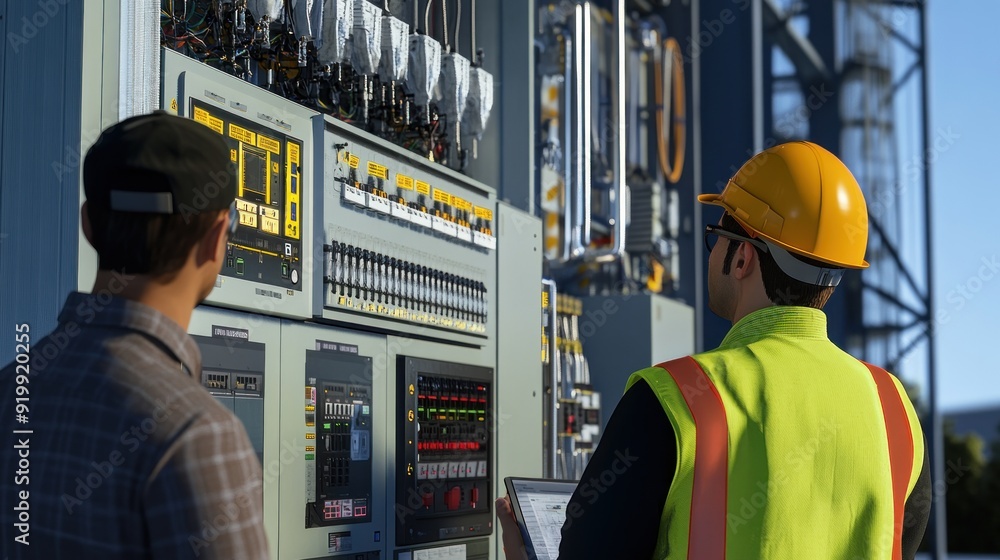 Generate a photo realistic image of workers undergoing training on electrical safety, with electrical panels, safety protocols, and PPE visible; Generate a photo realistic image of workers undergoing training on electrical safety, with electrical panels, safety protocols, and PPE visible;