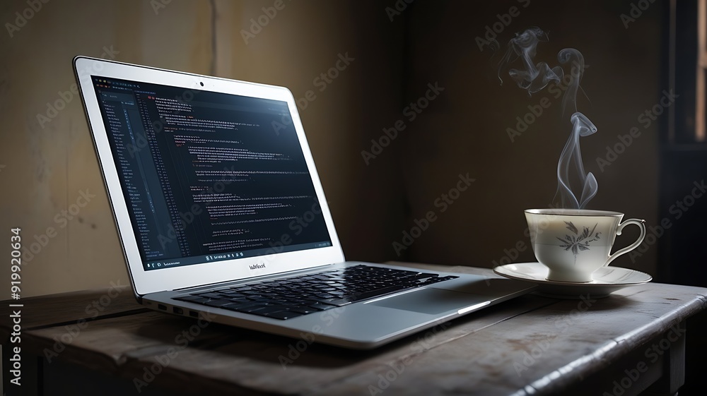 A cozy nighttime scene of a person immersed in coding on their laptop, a steaming cup of coffee within reach, and a dimly lit room. A cozy nighttime scene of a person immersed in coding on their laptop, a steaming cup of coffee within reach, and a dimly lit room.