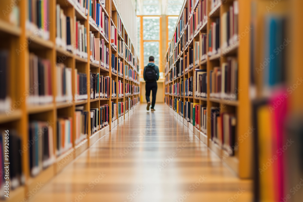 A person is walking down a library aisle with a backpack A person is walking down a library aisle with a backpack