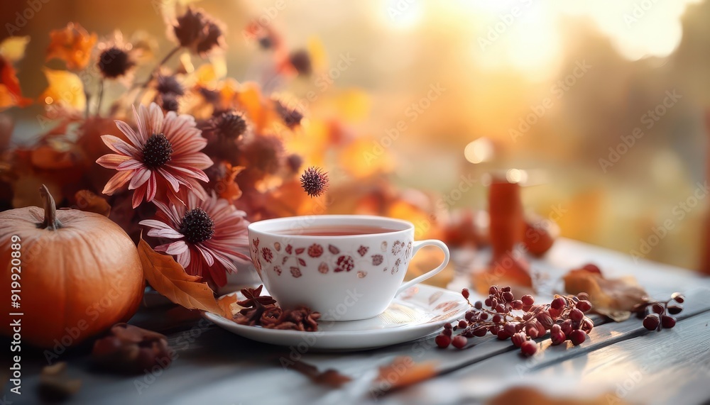 Autumn tea party, cozy and festive, close-up, inviting Autumn tea party, cozy and festive, close-up, inviting