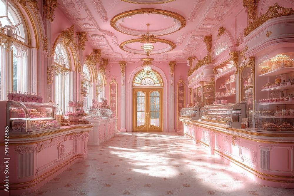 Fototapeta premium A cafe selling sweets, fantasy atmosphere, pink colors. Generative AI