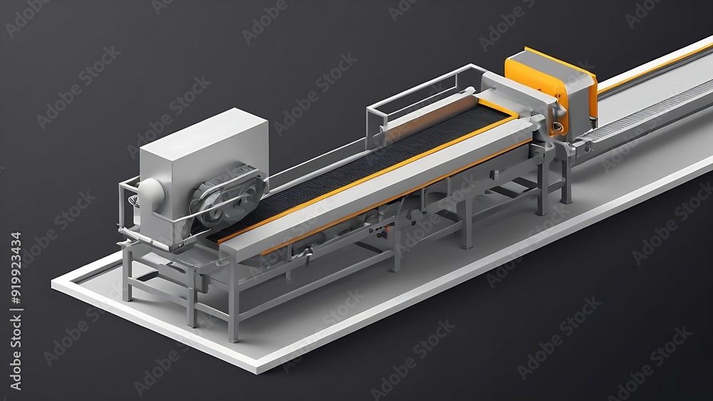Conveyor belt system featuring orange belt and silver rollers. Suitable for industrial, manufacturing, automation, and production themed designs.