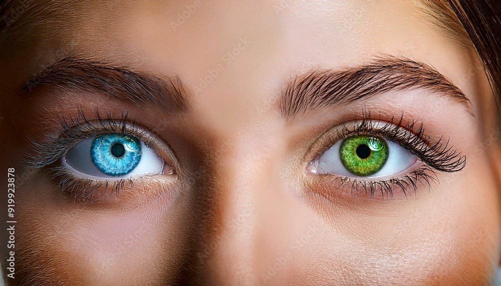 Obraz premium A close-up view of a woman's eyes, showcasing heterochromia with one eye green and the other light blue.