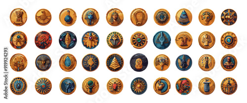 Ancient egyptian currency cartoon vector collection. Historic gold pharaoh discs scarab ankh medals tokens coin denominations talismans valuable metals cash artworks isolated on white backdrop