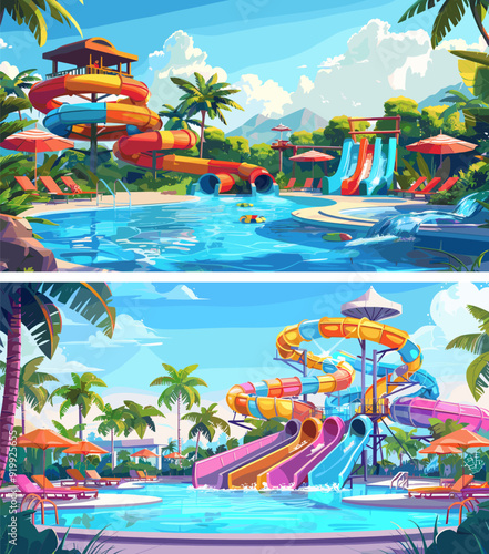 Aqua park cartoon vector scenes. Waterpool spiral pipes slides umbrellas loungers swimming pool sun tropical recreation resort landscape trip vacation summer illustrations
