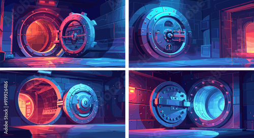 Bank safe cartoon vector scenes. Circular steel open vault digital door lock top security assets storage instance cash protection protection illustrations