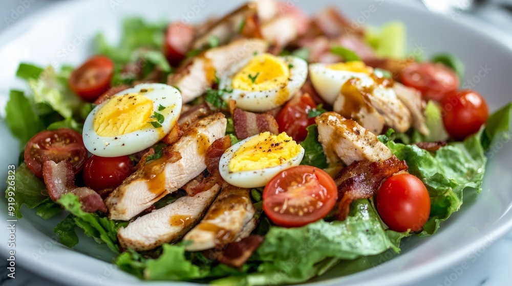 A chicken Cobb salad is topped with crisp fresh lettuce, cherry tomatoes, bacon, and hardboiled eggs. A chicken Cobb salad is topped with crisp fresh lettuce, cherry tomatoes, bacon, and hardboiled eggs.