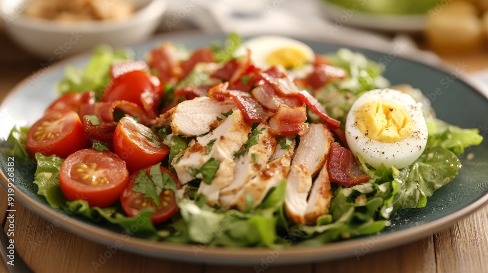 A chicken Cobb salad is topped with crisp fresh lettuce, cherry tomatoes, bacon, and hardboiled eggs. A chicken Cobb salad is topped with crisp fresh lettuce, cherry tomatoes, bacon, and hardboiled eggs.