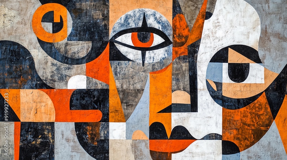 Naklejka premium Abstract Cubist Faces with Orange and Grey Palette, Geometric Shapes, and Fragmented Forms on Textured Background.