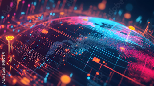 Global Market Trends and Data Analysis - An illustration of global markets with interconnected charts, graphs, and data points, representing financial trends