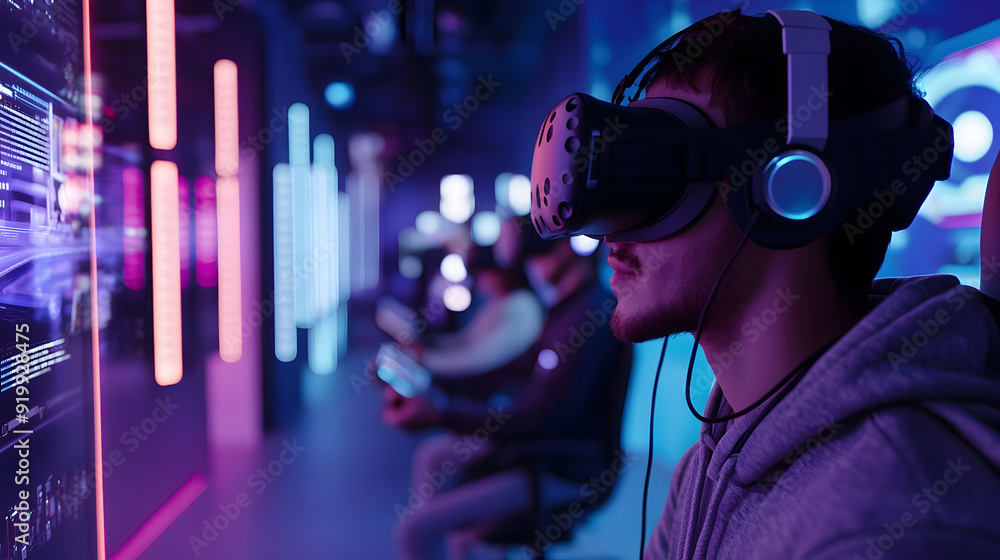 High-tech virtual reality gaming arena with immersive displays