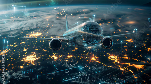 Futuristic Airplane with Digital Interface Flying Above the Earth at Night, Illuminated by City Lights