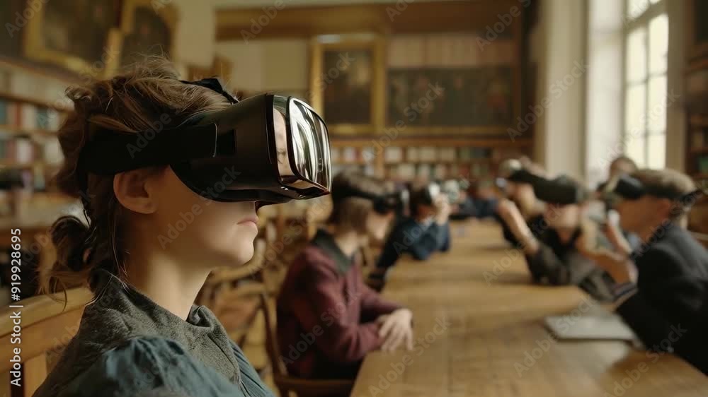 A group of young, diverse students wearing VR headsets sit in a classroom with books around. The scene reveals a modern educational setting where technology is used for interactive learning. It is A group of young, diverse students wearing VR headsets sit in a classroom with books around. The scene reveals a modern educational setting where technology is used for interactive learning. It is