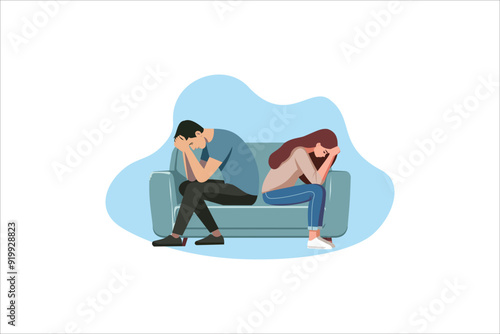 unhappy sad couple in depression having relationship problem life crisis break up divorce concept man woman with broken heart sitting on sofa flat full length horizontal vector illustration