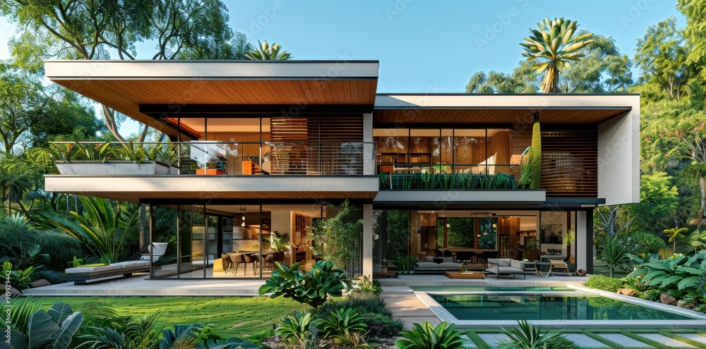Modern house with a swimming pool surrounded by lush greenery in Milos Modern house with a swimming pool surrounded by lush greenery in Milos