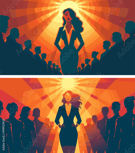 Businesswoman executive cartoon vector concepts. Female male suit group recruit applicant attention personnel member team worker silhouettes collective crowd characters illustrations