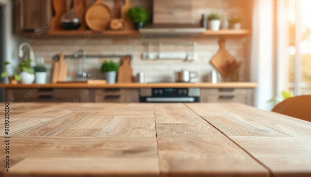 Wooden Tabletop with Blurred Kitchen Background.