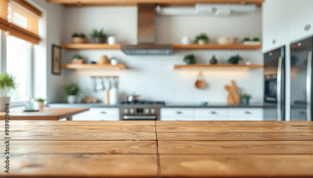 Wooden Tabletop with Blurred Kitchen Background. Wooden Tabletop with Blurred Kitchen Background.