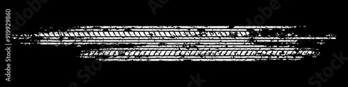 Grunge tire track, wheel braking marks. White truck, car or motorcycle tread pattern silhouette. Auto race, motorsport, speed racing design element. Vector illustration