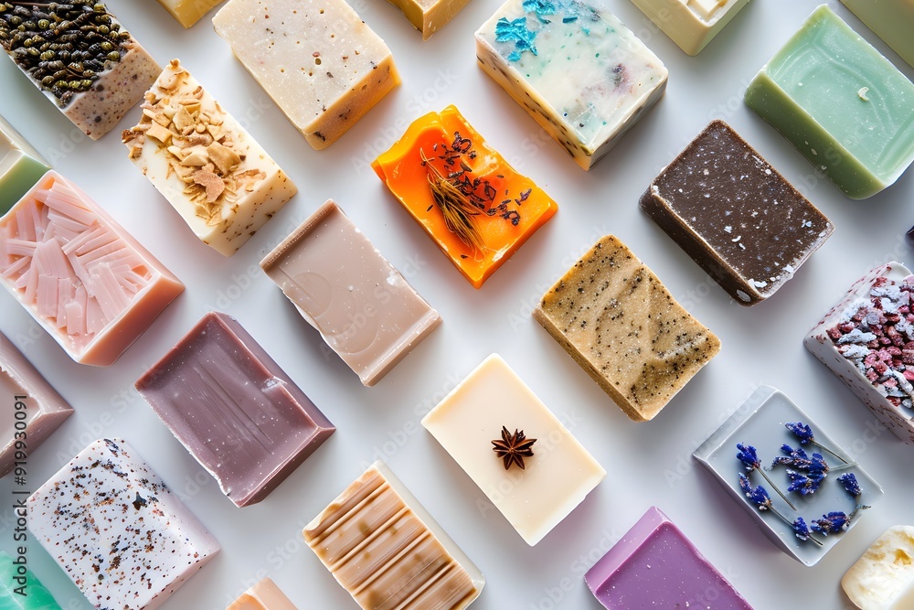 A set of handmade colored soaps, top view on a white background A set of handmade colored soaps, top view on a white background
