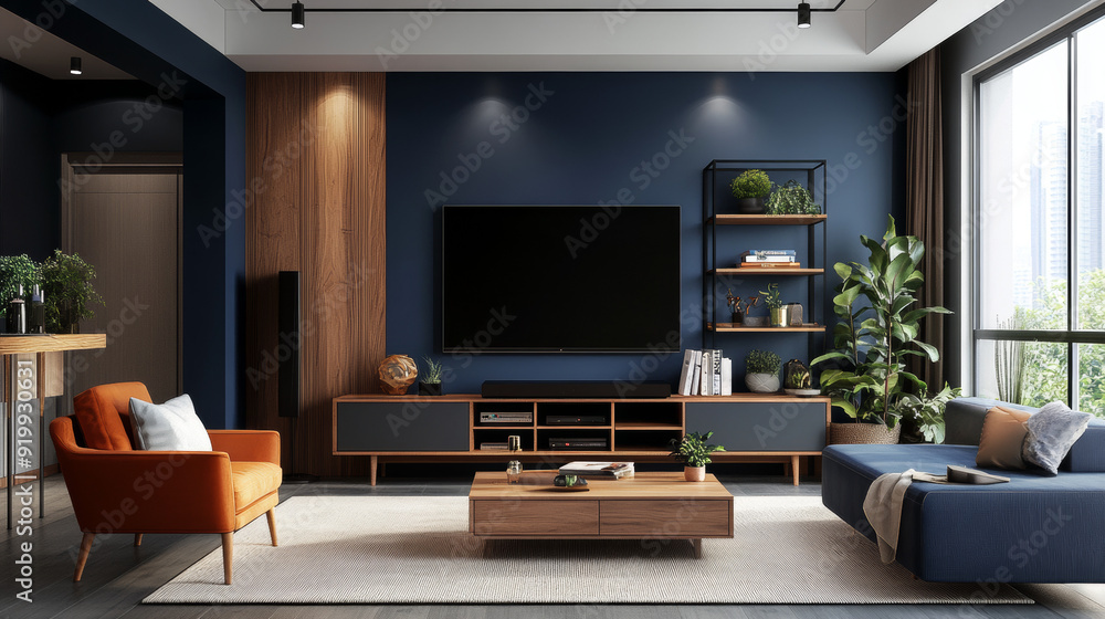A modern living room with a dark blue wall and a TV cabinet. A modern living room with a dark blue wall and a TV cabinet.