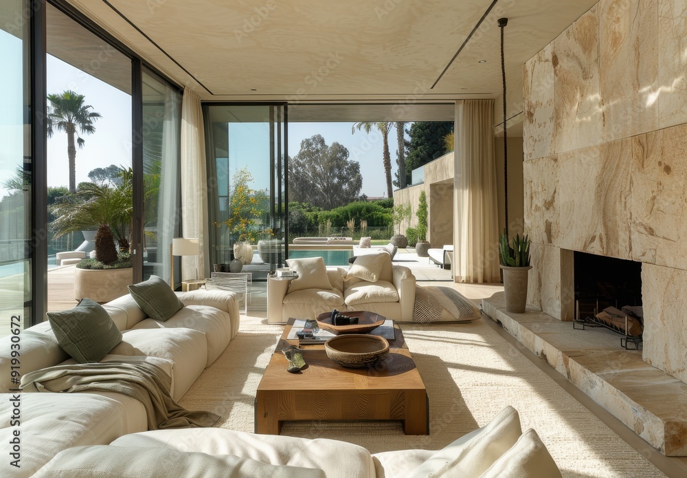 Modern living room with beige and green accents featuring a fireplace and views of an outdoor pool Modern living room with beige and green accents featuring a fireplace and views of an outdoor pool