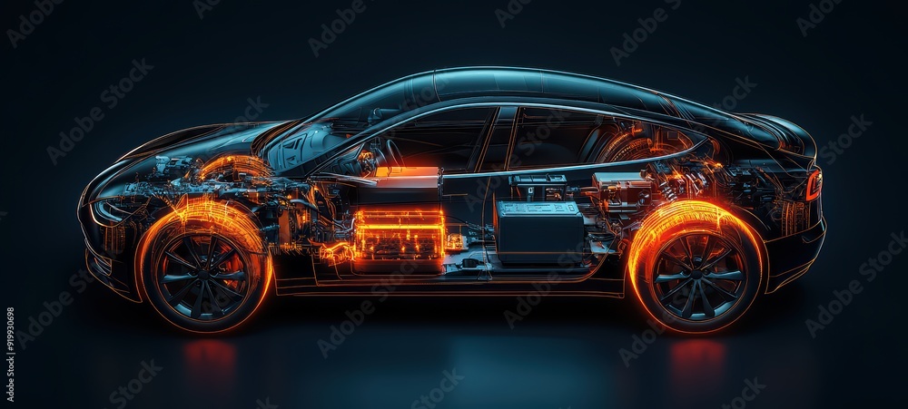 Electric car internal structure, including visible cables, motors, and electrical elements Electric car internal structure, including visible cables, motors, and electrical elements