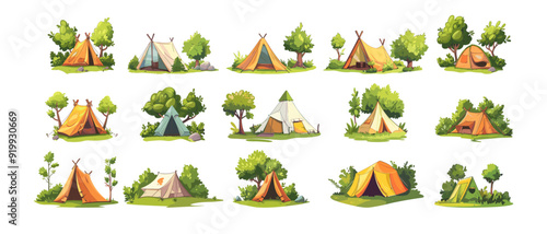 Camping shelter cartoon vector collection. Tents canopies trees bushes verdant grass shrubs ropes summer trekking outdoor excursions ecotourism expeditions gear isolated on white backdrop