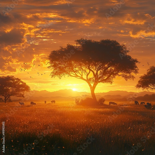 Golden savanna dawn with acacia trees and silhouettes of wildlife grazing peacefully picture