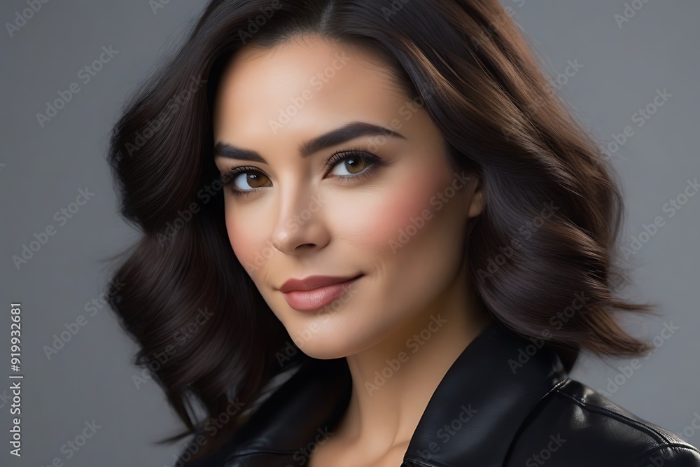 Portrait of a beautiful young brunette woman in black leather jacket Portrait of a beautiful young brunette woman in black leather jacket