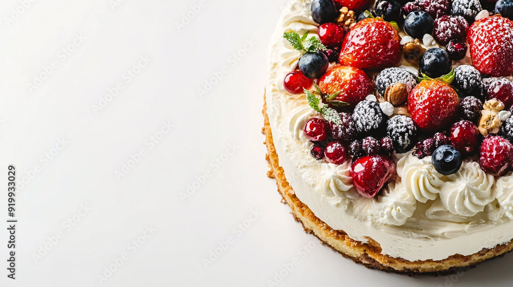 A close-up of a cheesecake topped with a variety of fresh berries, nuts, and dusted with powdered sugar, placed against a plain white background A close-up of a cheesecake topped with a variety of fresh berries, nuts, and dusted with powdered sugar, placed against a plain white background