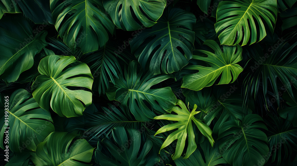 Deep green leaves create a natural background, perfect for a wallpaper or cover page with a tropical vibe. Deep green leaves create a natural background, perfect for a wallpaper or cover page with a tropical vibe.