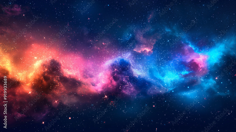 Obraz premium A stunning display of a cosmic nebula featuring bright colors, swirling gases, and stars in the depth of outer space