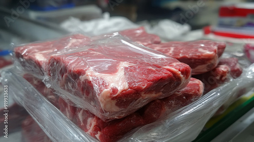 Fresh meat, such as beef and pork, is available at RimPing supermarket in Chiangmai, Thailand. It is kept in the freezer in plastic wrap. photo