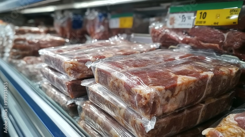 Fresh meat, such as beef and pork, is available at RimPing supermarket in Chiangmai, Thailand. It is kept in the freezer in plastic wrap. photo