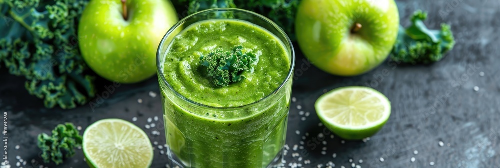 Kale, apple, and lime smoothie served in a glass. Kale, apple, and lime smoothie served in a glass.