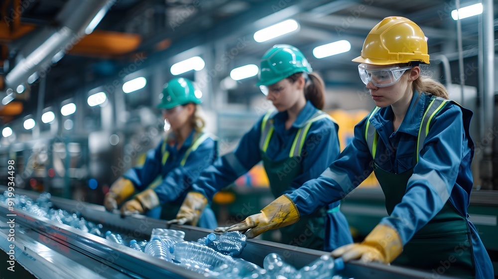 Fototapeta premium Factory workers sorting plastic bottles in a modern recycling facility
