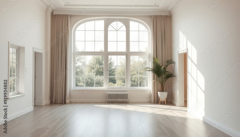 Minimalist Interior Design with Arched Window and Sunlight. Minimalist Interior Design with Arched Window and Sunlight.