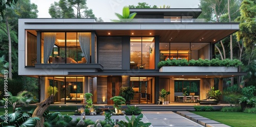 Modern house with white walls and black accents surrounded by lush greenery in a serene setting photo