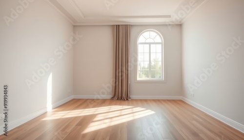 Empty Room with Arched Window and Hardwood Floor.