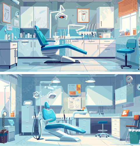 Dentist office cartoon vector scenes. Chair drills lamp teeth treatment desk table shelves medical equipment oral care stuff room hospital interior concepts
