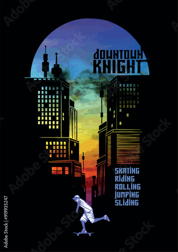 Illustration of a skateboarder riding a skateboard at night in the city. Art with silhouette of buildings and multicolored background.