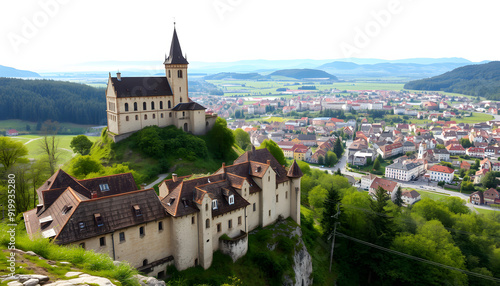 Hohennagold castle ruins overlooking swabian city of Nagold from hilltop isolated with white highlights, png photo